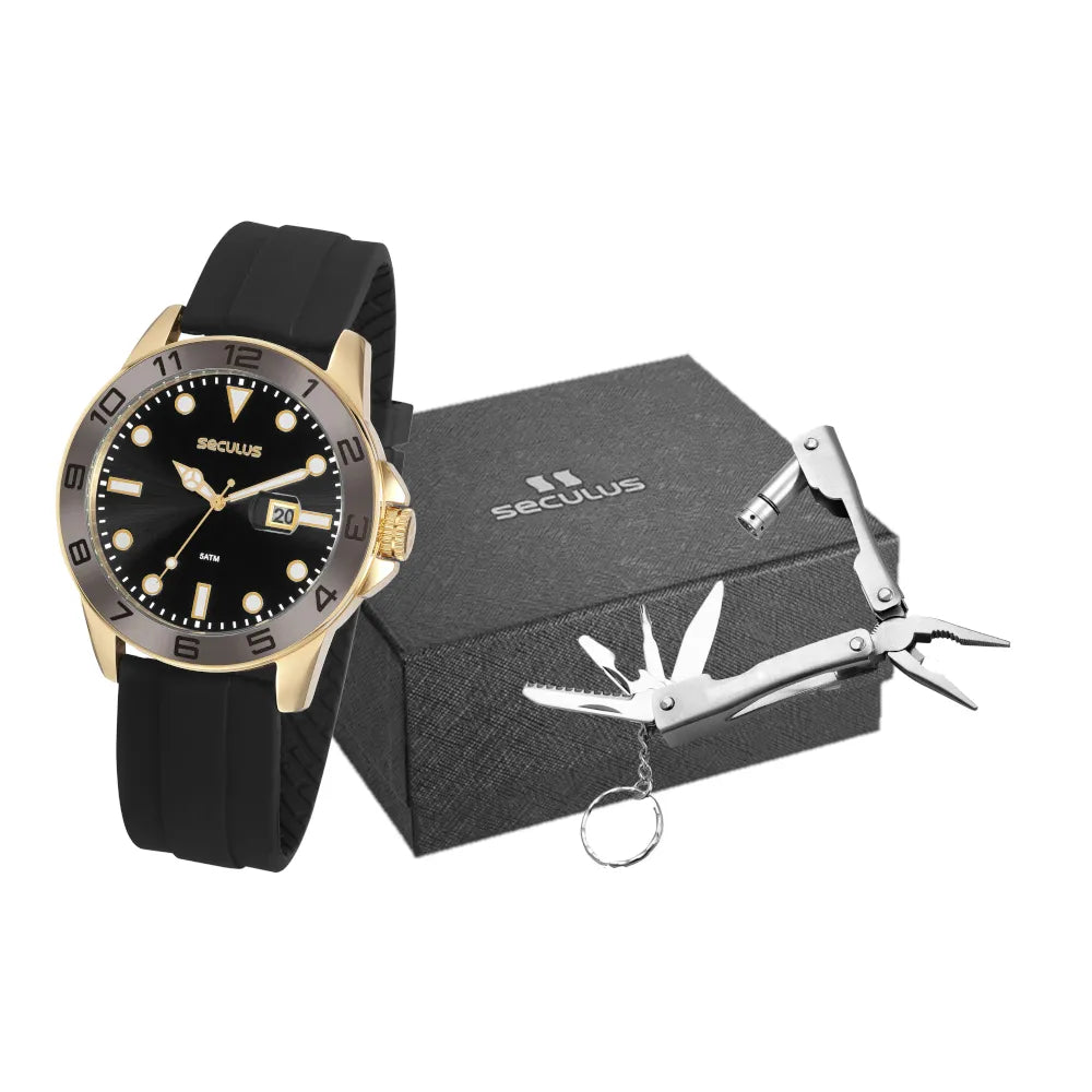 Kit Relógio Masculino Preto com Chaveiro Multiuso Referência: 20882GPSVDU1K1