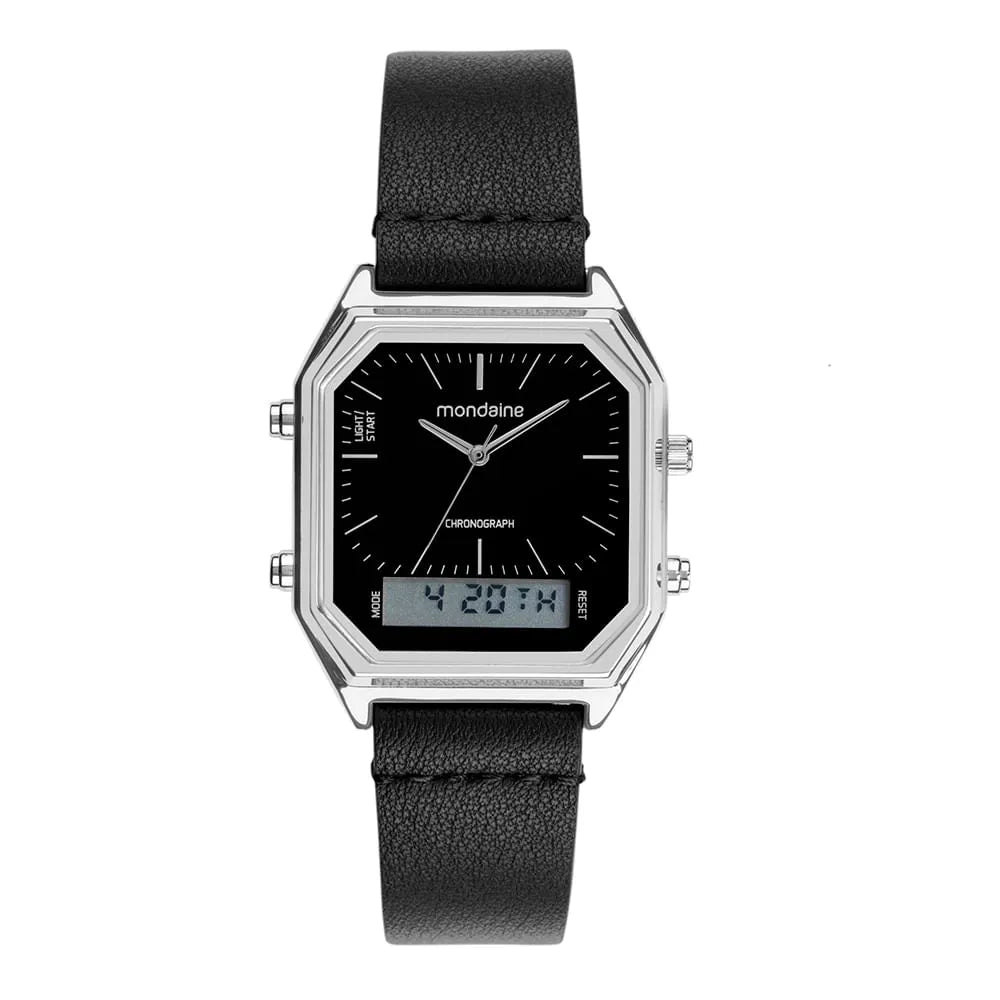 Relógio Mondaine Masculino Quadrado Prata Anadigi – Couro - Ref: 32900G0MVNO3