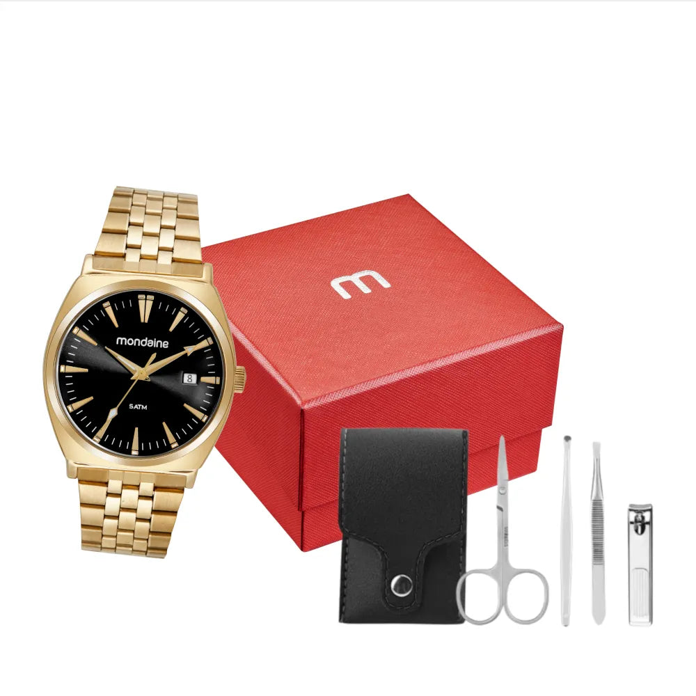 Kit Relógio Masculino Dourado + Acessórios Manicure - 32541GPMVDE2K1