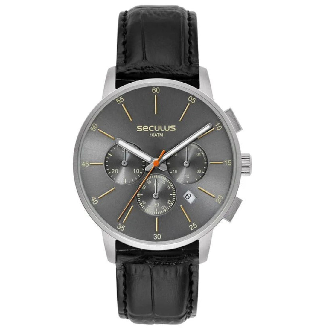 Relógio Seculus Masculino Cronógrafo Vidro Abaulado Couro Prata - Referência: 44258G0SVNC1