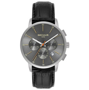 Relógio Seculus Masculino Cronógrafo Vidro Abaulado Couro Prata - Referência: 44258G0SVNC1