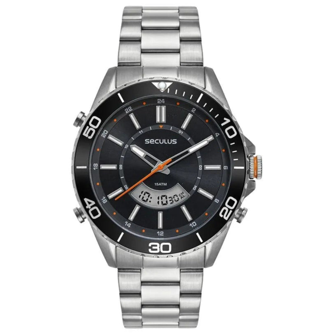 Relógio Seculus  Masculino Anadigi Prata Catraca Giratória - Referência: 44270G0SVNA1
